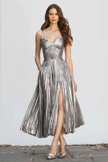 Silver A-Line Pleated Midi Formal Dress with Slit